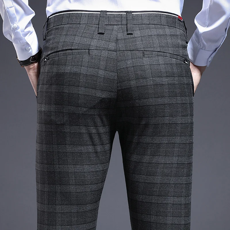 ICPANS Skinny Plaid Men Dress Pants Pencil Business Office Formal Trousers For Male Stretch Suit Slim Summer 2024