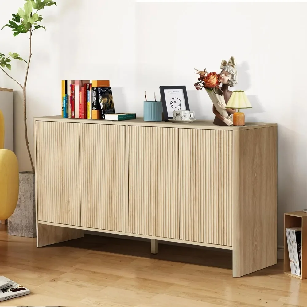 Modern Accent Storage Cabinet with 4 Fluted Doors and Adjustable Shelves, Wood Credenza Buffet Sideboard, Console Table