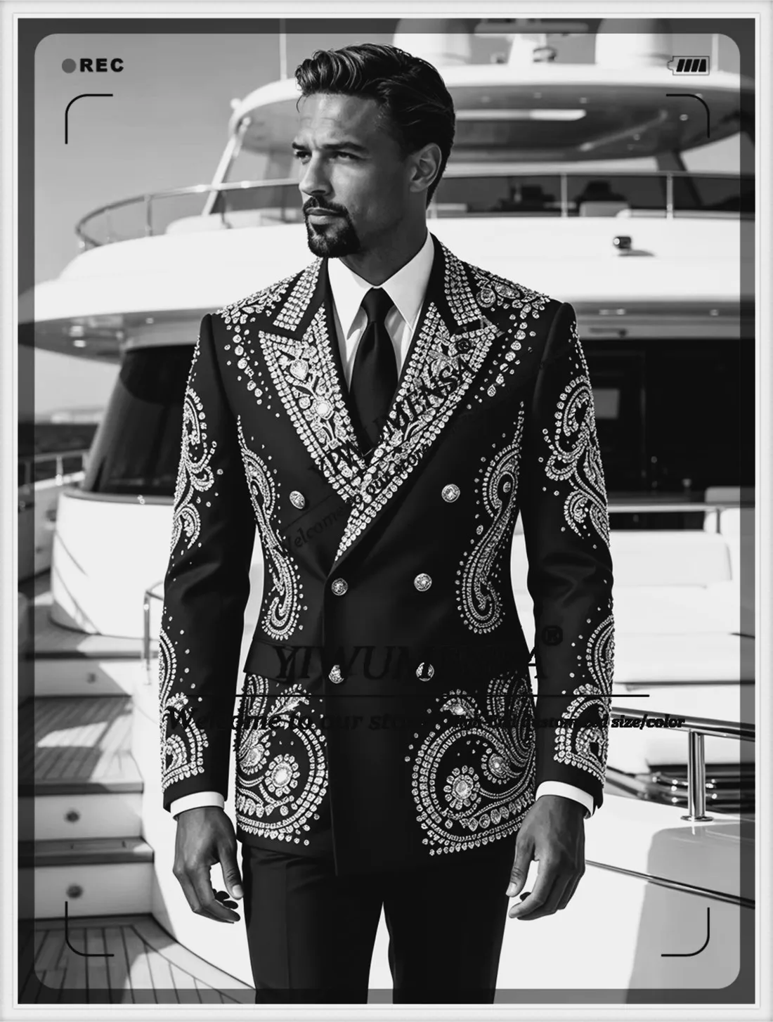 Luxury Rhinestones Beading Suit Men For Wedding Double Breasted Jacket Pants 2 Piece Sets Groom Tuxedos Slim Fit Male Outfits