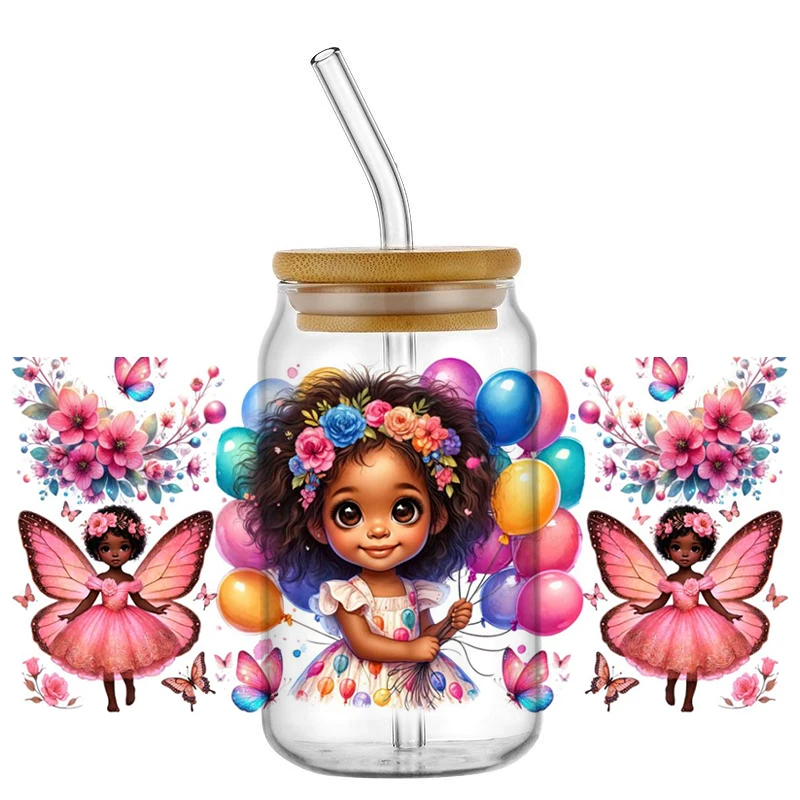 Cute Black Fairy Girl UV DTF Wraps Floral Butterfly transfer Stickers Waterproof DIY Decals for 16oz Libbey Glass Cans
