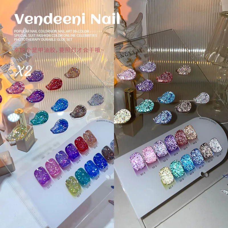 VENDEENI 12 colors Nail gel set Broken diamond color Nail salon 2024 New Hot sale Non-toxic UV gel Nail Art Kit Custom Wholesale