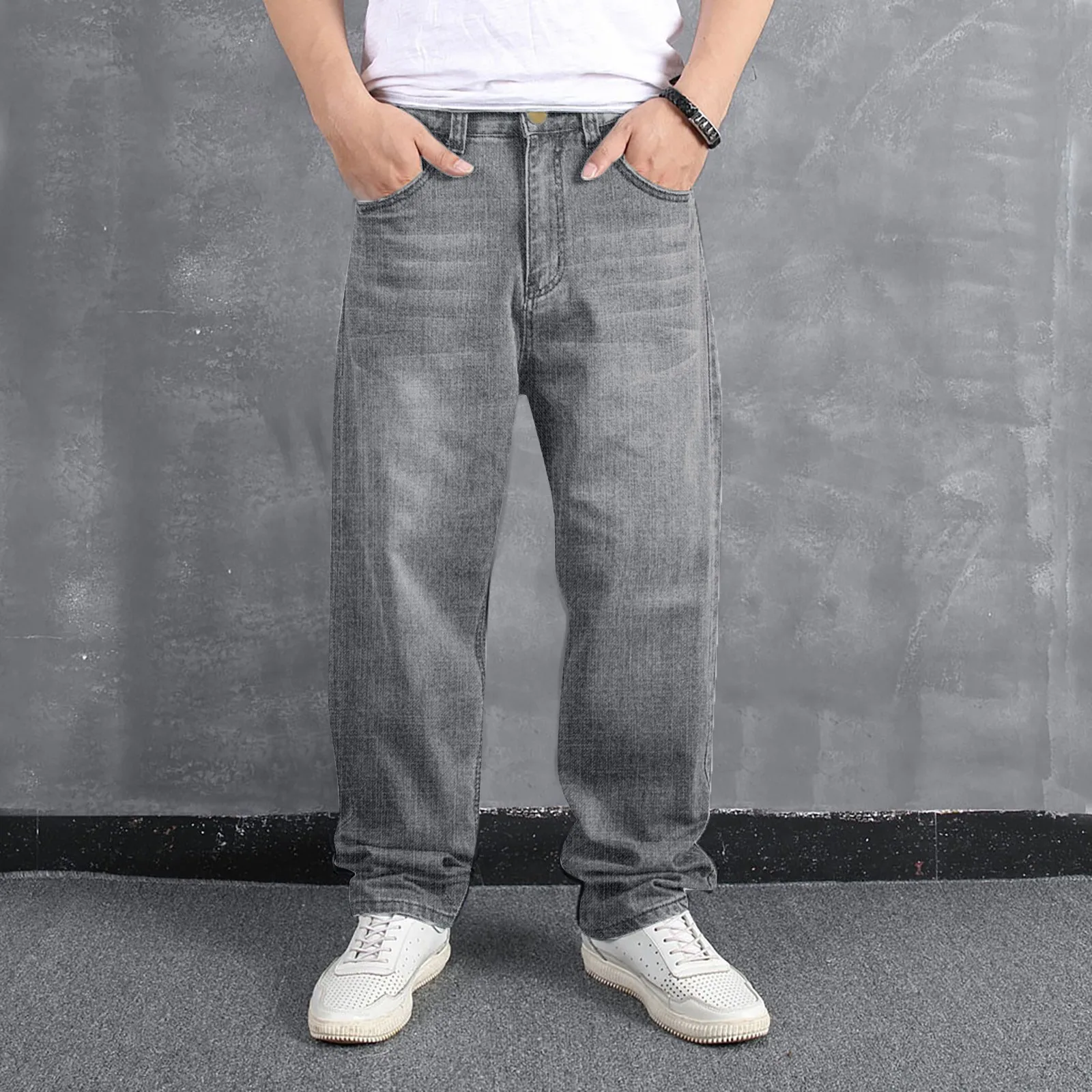 

2025 Mens Washed Grey Business Casual Stretch Summer Jeans Loose Straight Elastic Comfort Office Travel Fashion Trousers