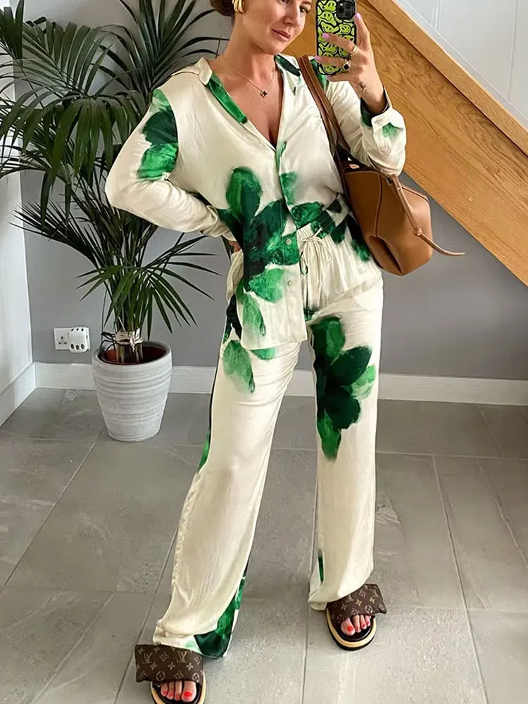 Woman Print Trouser Set Long Sleeves Lapel Shirt Top + Elastic Waist Lace Up Casual Women\'s Wide Leg Long Pant Streetwear
