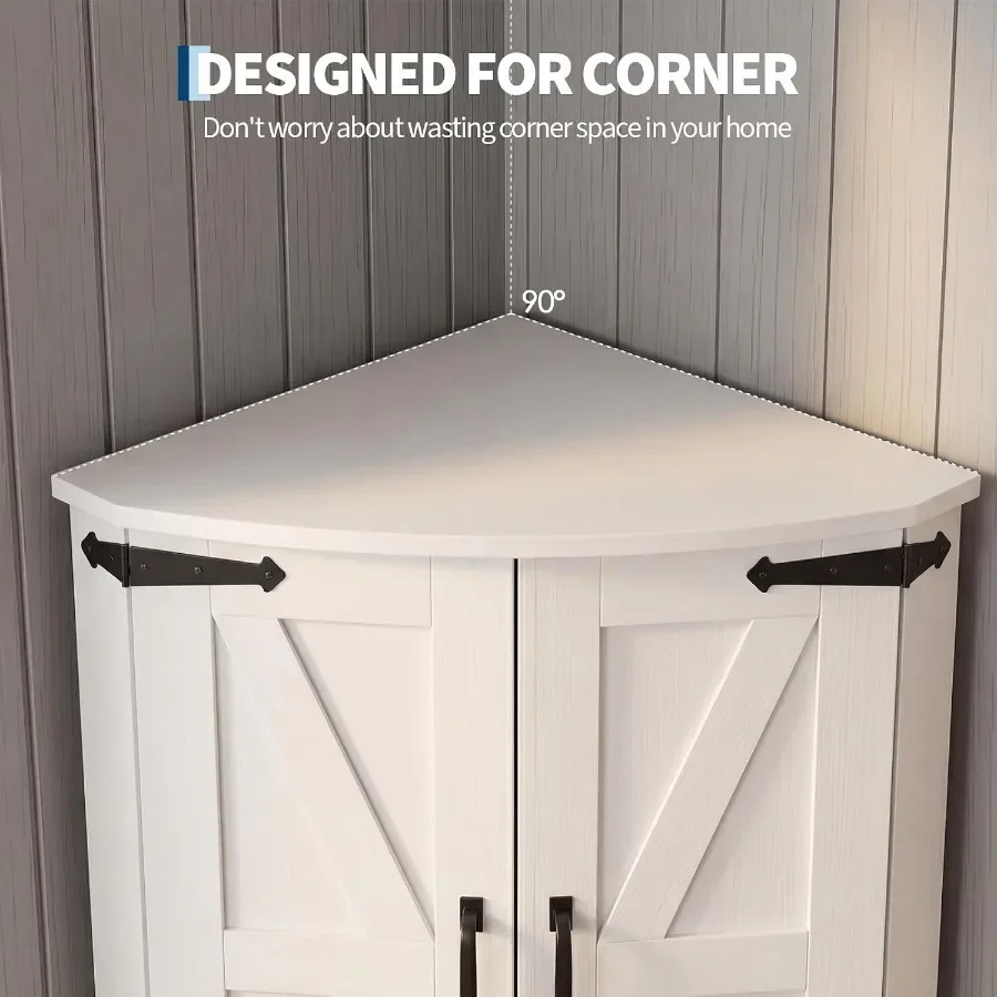 64.8 Tall Corner Cabinet with Doors for kitchen use, MDF material, white finish, soft-close hinges and adjustable shelves view 6