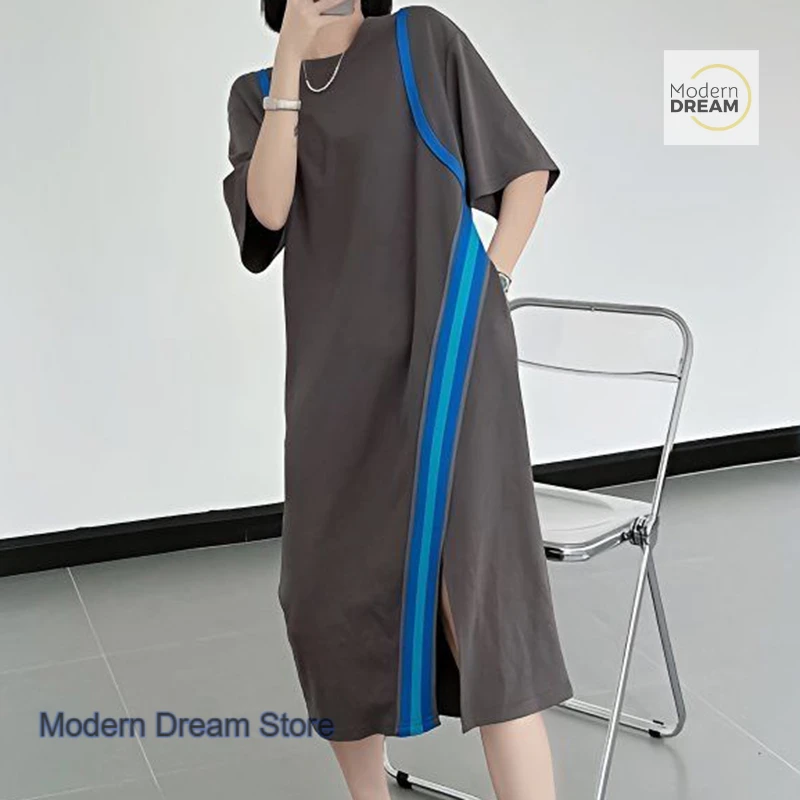 Franse stijl modeontwerp gevoel stiksels contrast splitjurk dames zomer nieuwe plus size losse T-shirtjurk met korte mouwen