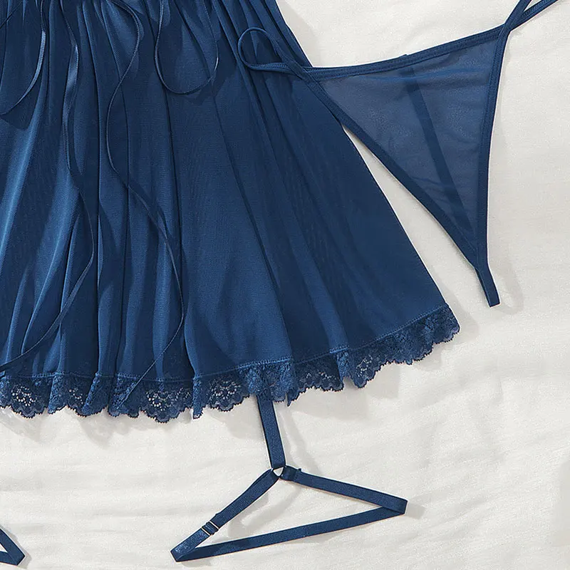 مجموعة كاملة من الملابس الداخلية الشفافة الأزرق حجم كبير الدعاوى الدانتيل الصدرية الرباط حزام ثونغ مجموعات الساخن المرأة المثيرة الملابس الداخلية فستان الليل