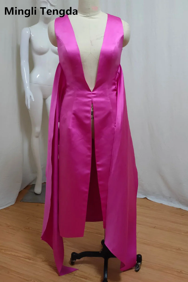 Mingli Tengda-chal largo sin mangas para mujer, capa de satén con cremallera frontal, Bolero de novia con cuello en V profundo, color rojo rosa