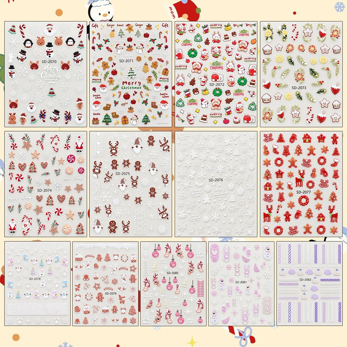 3 to 14 Sheets 5D Christmas Xmas Snowflake Gingerbread Candy Cane Reindeer Snowman Winter Self-Adhesive Nail Art Stickers