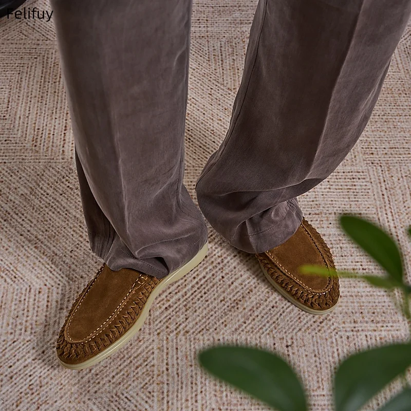 Vintage Style Brown Cow Suede Loafers Slip On Single Shoes Genuine Leather Casual Shoes Trendy Luxury Handmade Men's Shoes