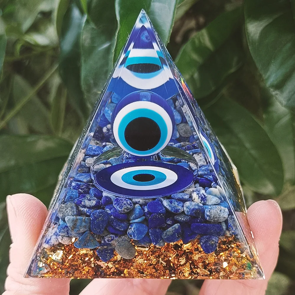 

Natural Lapis Lazuli Evil Eye Pyramid Healing Crystal Reiki Orgone Ornament Paperweight Resin Decorative Wtih Gift Box