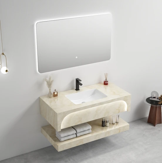 Modern luxury rectangular sintered stone sink with polished oval basin dresser with wall-mounted bath mirror