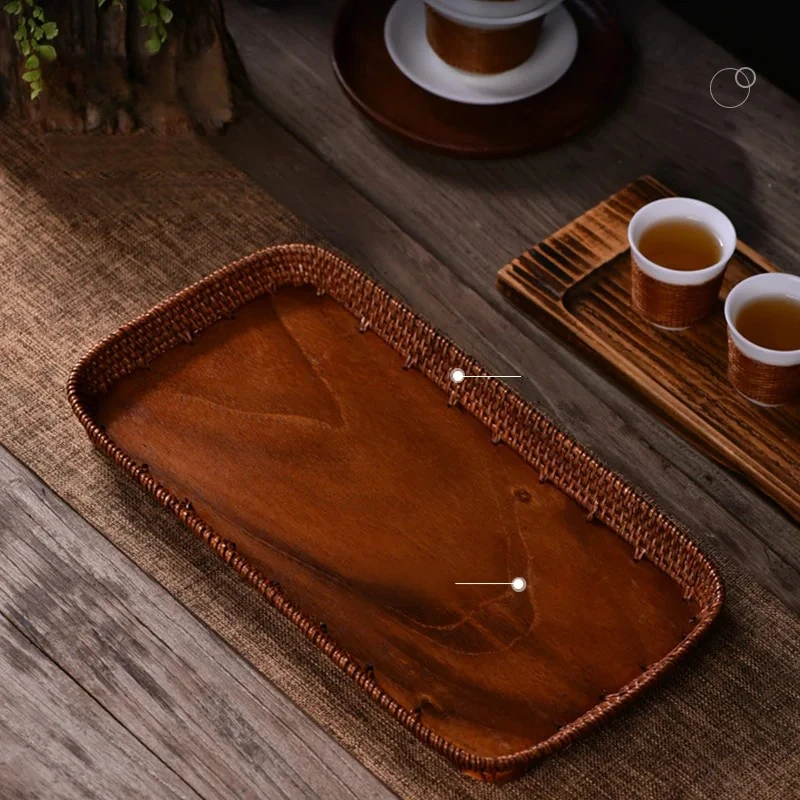 Handmade Chinese Rattan Woven round Fruit Bowl High-End Wooden Tea Tray Lacquered Display Dish for Snacks Tabletop