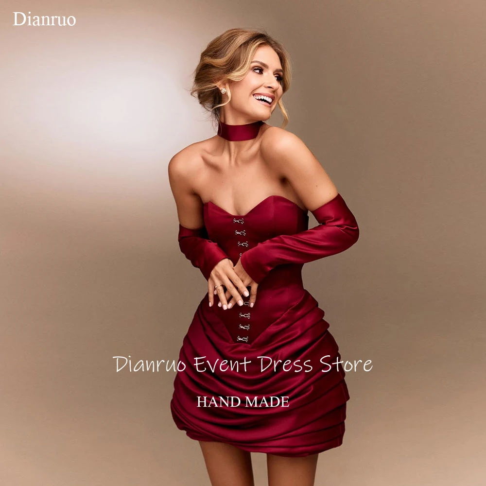 

Dianruo Burgundy Ruched Birthday Dresses Mini A Line Handmade Party Gowns Satin Sweetheart 15 Quinceanera Dresses Customized