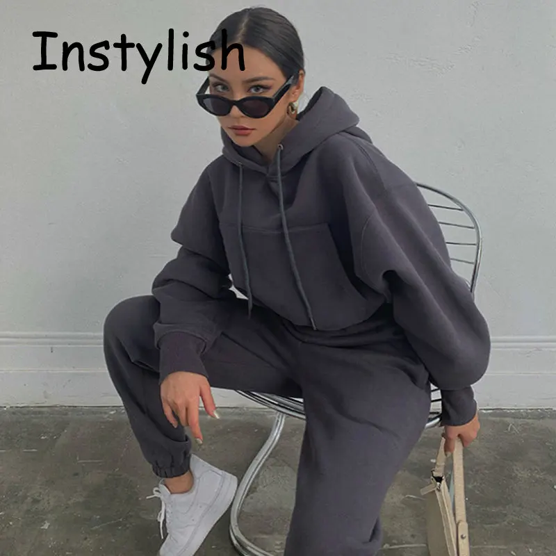 Women Fleece 2 Pieces Set Hoodies Suit 2023 Spring Winter Sweatshirt and Sport Sweatpants Set Vintage Y2K Streetwear Tracksuit