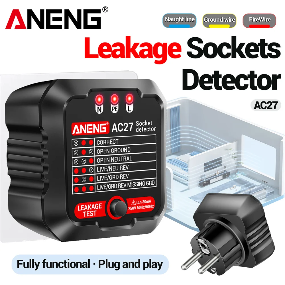 Socket Tester Intelligence ANENG AC27 Voltage Socket Detector Ground Zero Line Polarity Phase Check Circuit Checker  EU/US Plug