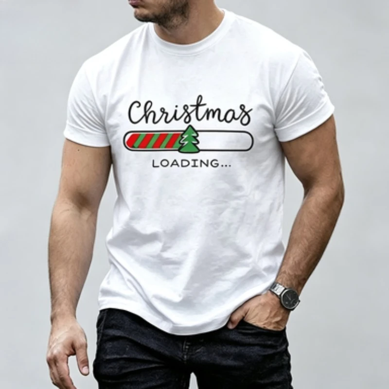 Christmas Loading Graphic Men Women T‑Shirt Xmas Tree Progress Bar Print Short Sleeve O‑neck Casual Holiday Tops Tees