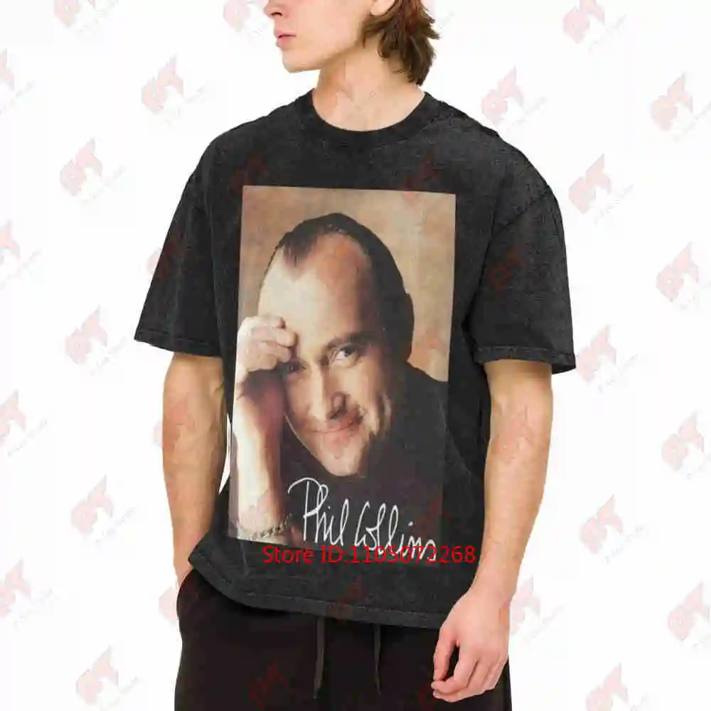 Phil Collins Music Drumming Signature Drummer Portrait Vintage Washed Tee Pure Cotton T-Shirt