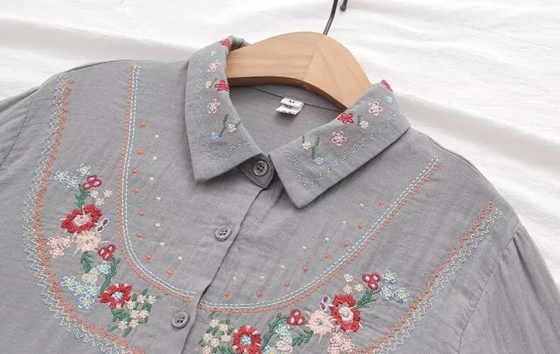 New Spring Cotton Retro Shirts Women Loose Lapel Neck Embroidery Blouses Girl Long Sleeve Casual Sweet Top 2024 Autumn T455116QM