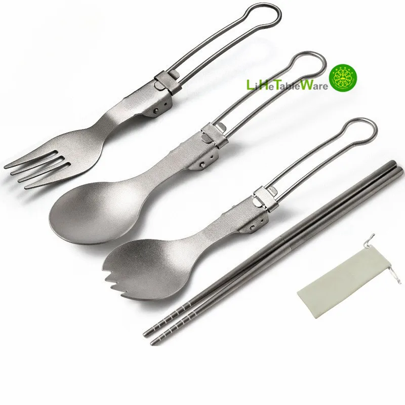 

Titanium Fork Spoon and Chopsticks Set Cutlery Complete Tableware Camping Flatware Outdoor Home Kitchen Kit Soup Spork Portable