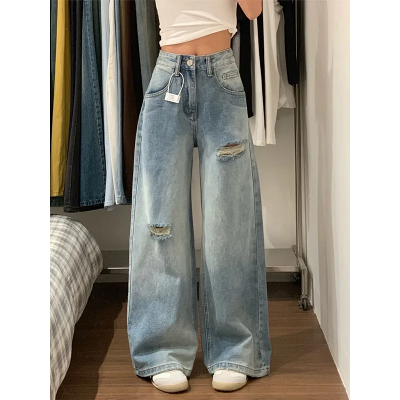 

2026 Summer Wide Leg Jeans Women's Loose Ripped High Waist Skinny Small Straight Pants Mopping Pants Tide