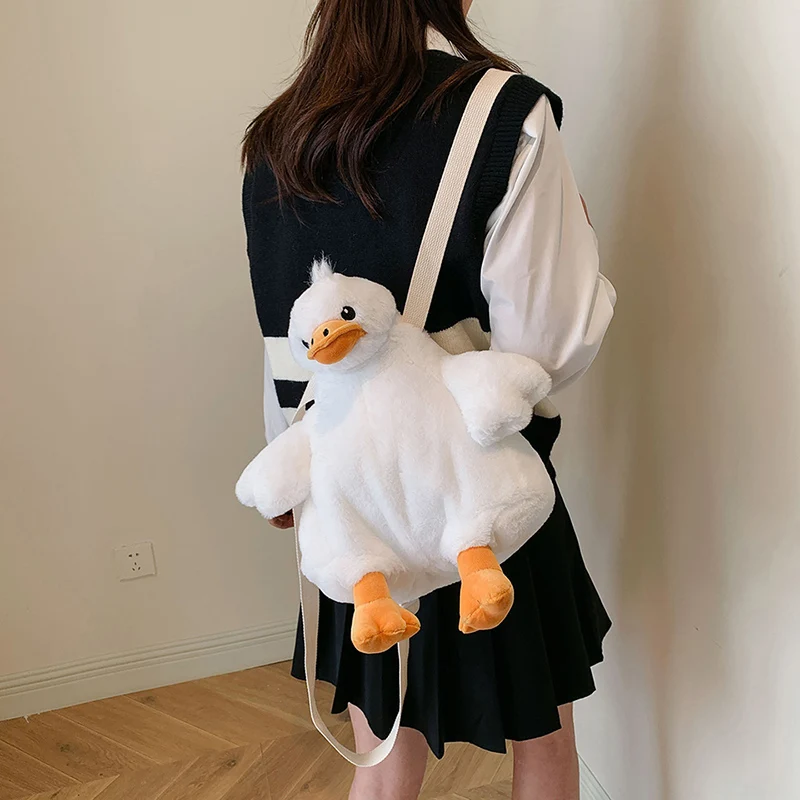 Novelty Plush Cartoon Backpack Cute Duck Fluffy Soft Shoulder Bag Women Furry Design Schoolbag Adjustable Strap Fashion Knapsack