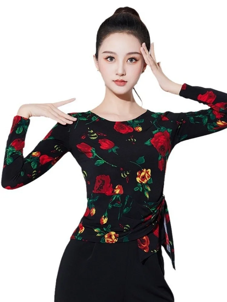 Slim Fit Latin Dance Evening Women Tops Jazz Round Neck 2024 Summer Woman Flowers Competition Line Costume Modern Female T-shirt