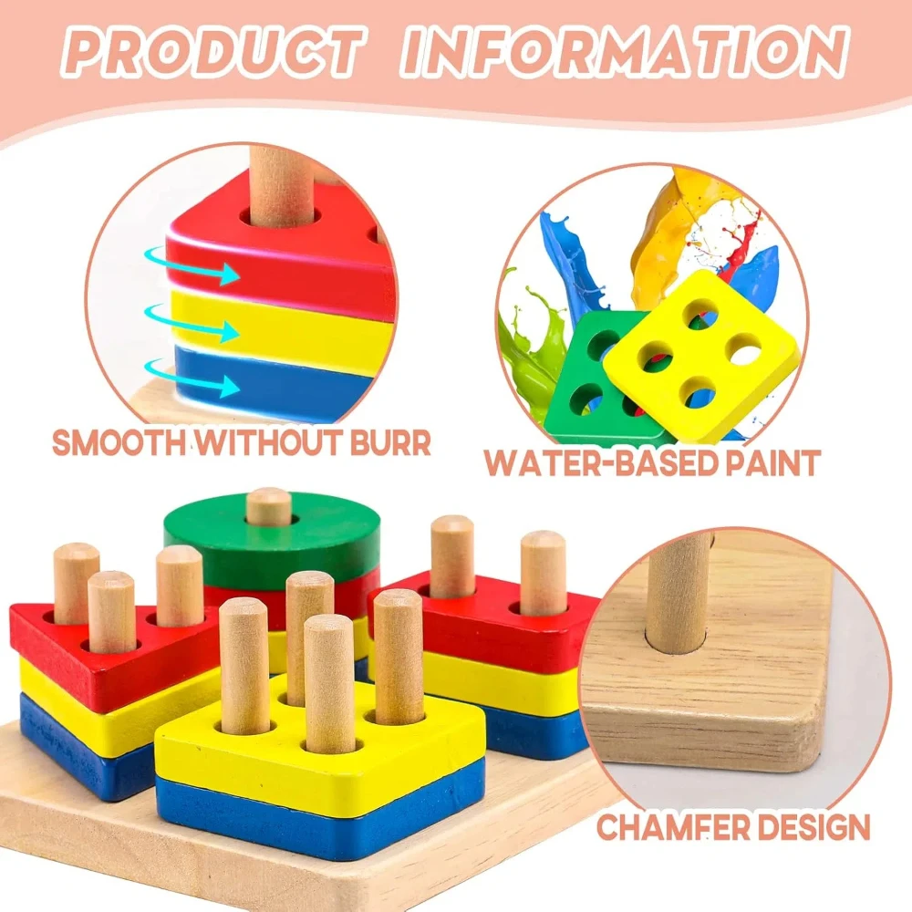 Brinquedos montessori de empilhamento de classificação de madeira, blocos de reconhecimento de cores de forma, quebra-cabeça correspondente, brinquedos educativos, presentes para crianças