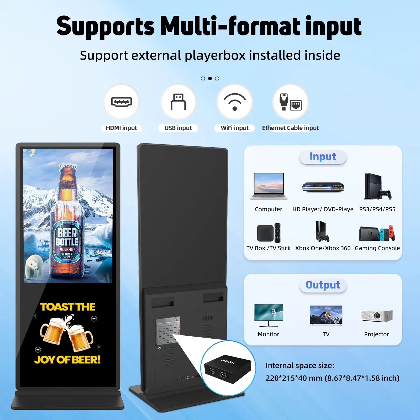 65 بوصة 4K كشك لافتات رقمية أرضية داخلية واقفة شاشة تجارية عرض إعلاني LCD الطوطم مع مشغل إدخال HDMI