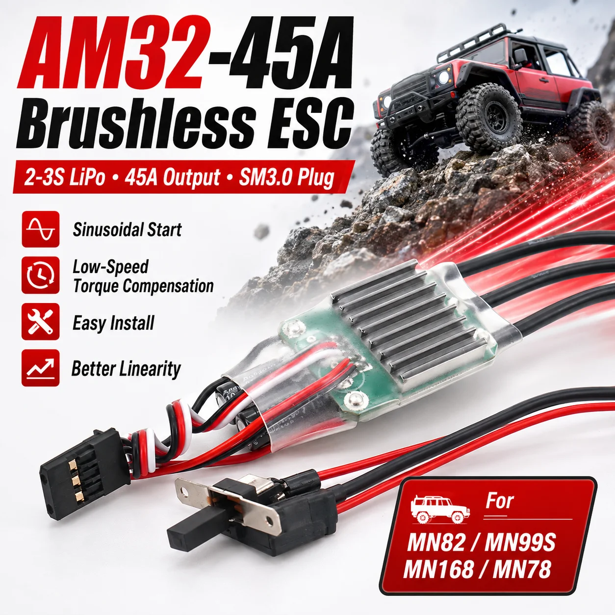 Speed Controller 45A Brushless ESC Programming 2-3S BEC 6V/2A For MN82 MN99S MN78 MN Model RC Crawler Off‑Road Climbing Car Part