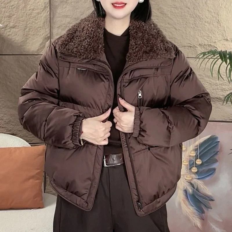 2026 Winter Female Anti-season Clearance European Goods Lapel Down Cotton Clothes Women's New Fashion Lamb Wool Warm Thin Coat