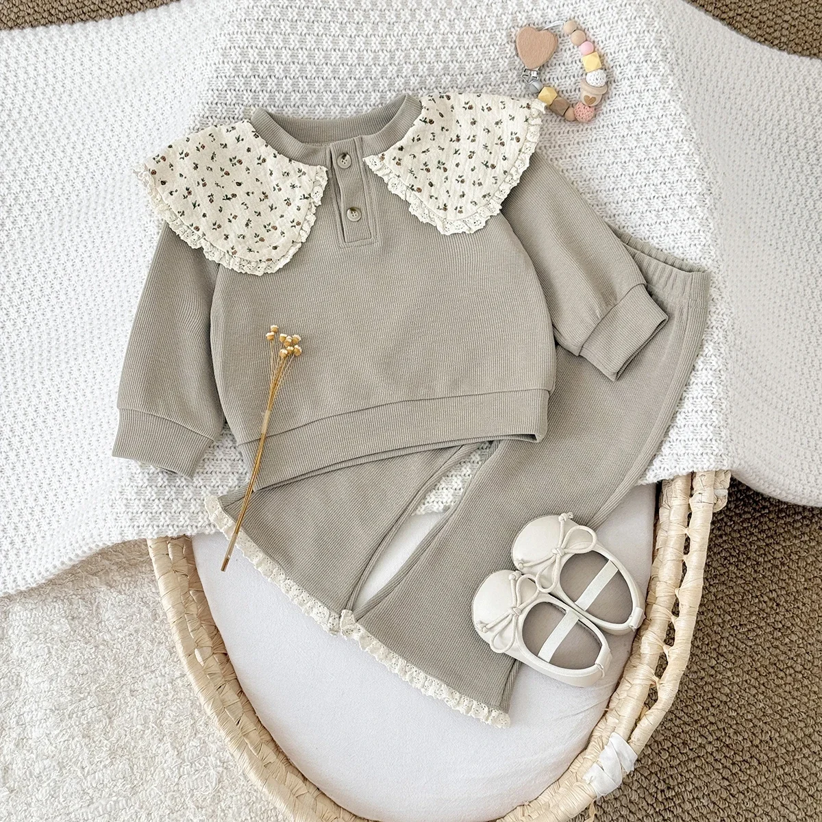1-3 Years Toddler Girl 2Pcs Set Soft Ribbed Fabric Khaki Sweatshirt + Pant Daily Wear Casual Comfortable Outfit for Baby Girls