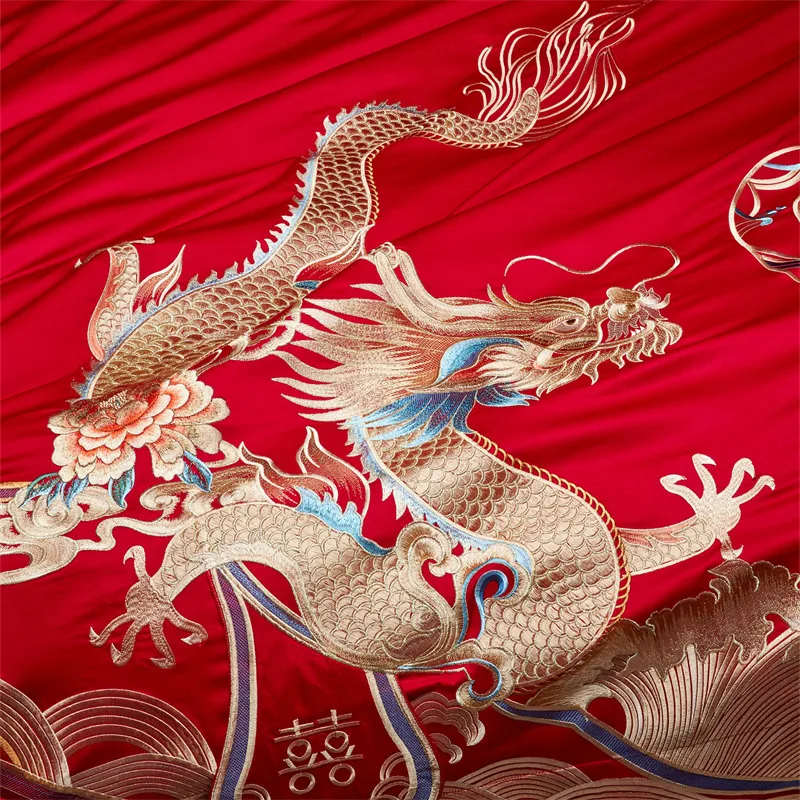 4/6/9Pcs Red Luxury Chinese Wedding Style Dragon Phoenix Embroidery Bedding Set 100% Cotton Duvet Cover Bed Sheet Pillowcases