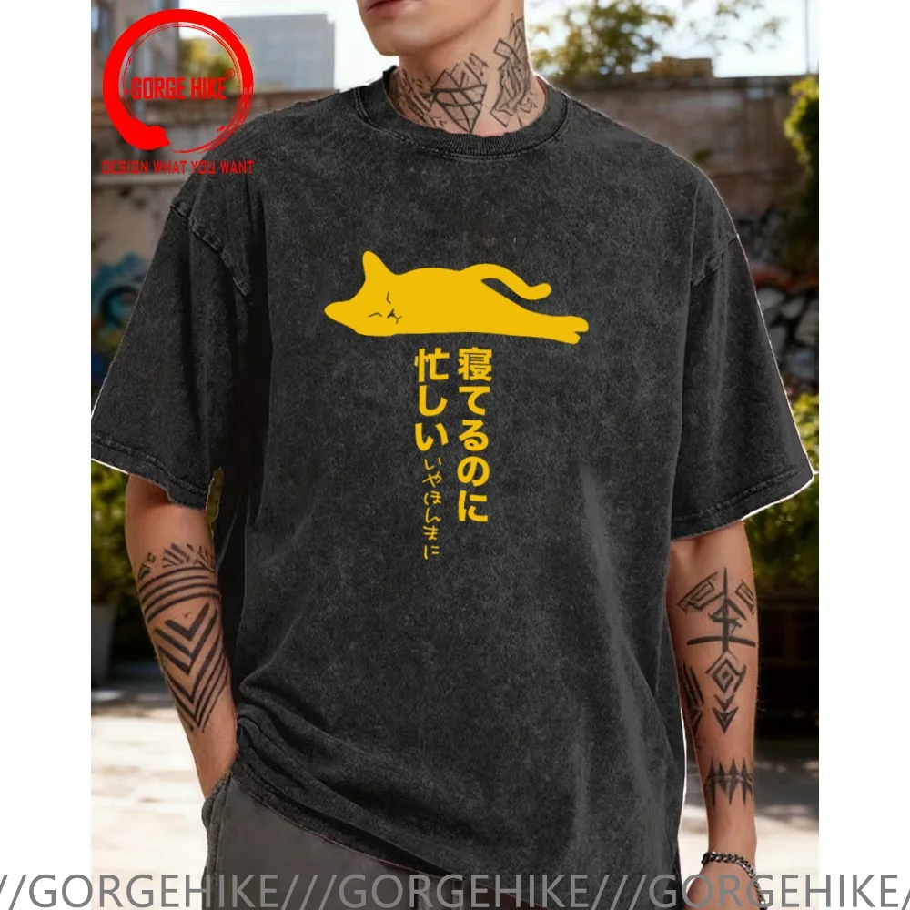 

Винтажная футболка из выстиранного хлопка с забавным дизайном «Ленивый кот», мужская модная повседневная одежда, стильные топы и футболки