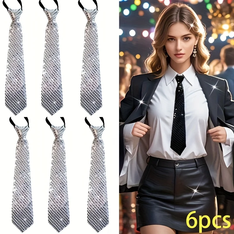 6Pcs Sequin Zipper Tie, Wide Style, No Need to Tie, 8cm (3.15inch) Polyester, Black, Silver, Red, Multi-Color, Unisex, Shiny, Stage Performance, Annual Meeting, Party, Host, Suit Accessories
