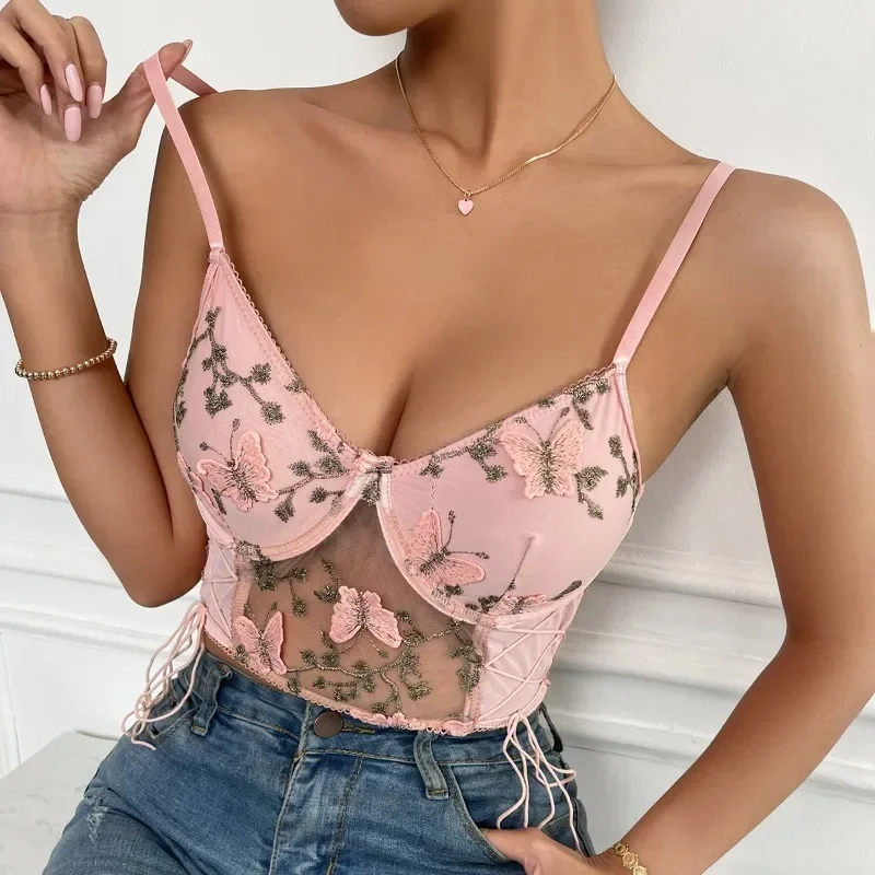 

Fashionable Spring/Summer Sexy Spicy Girl Wrapped Chest Slim Fit Mesh Open Back Strap Small Strap Crop Top Women Clothing YXQ03