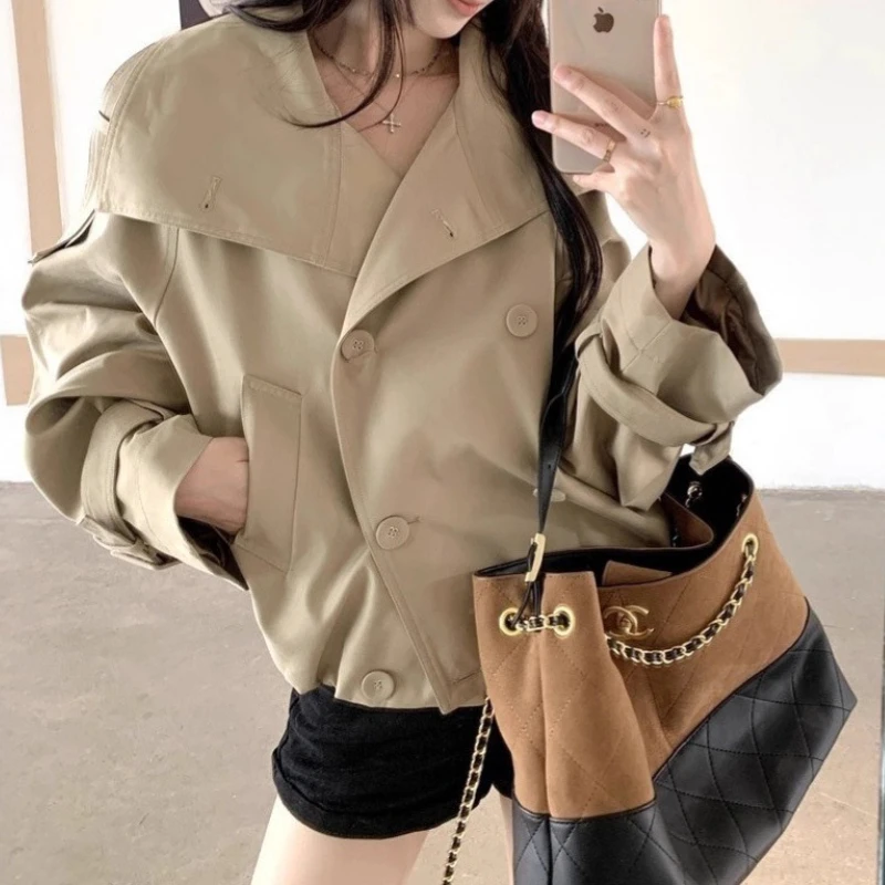 

Khaki Short High-neck Trench Coat for Women, Petite Autumn Casual Double-breasted Jacket