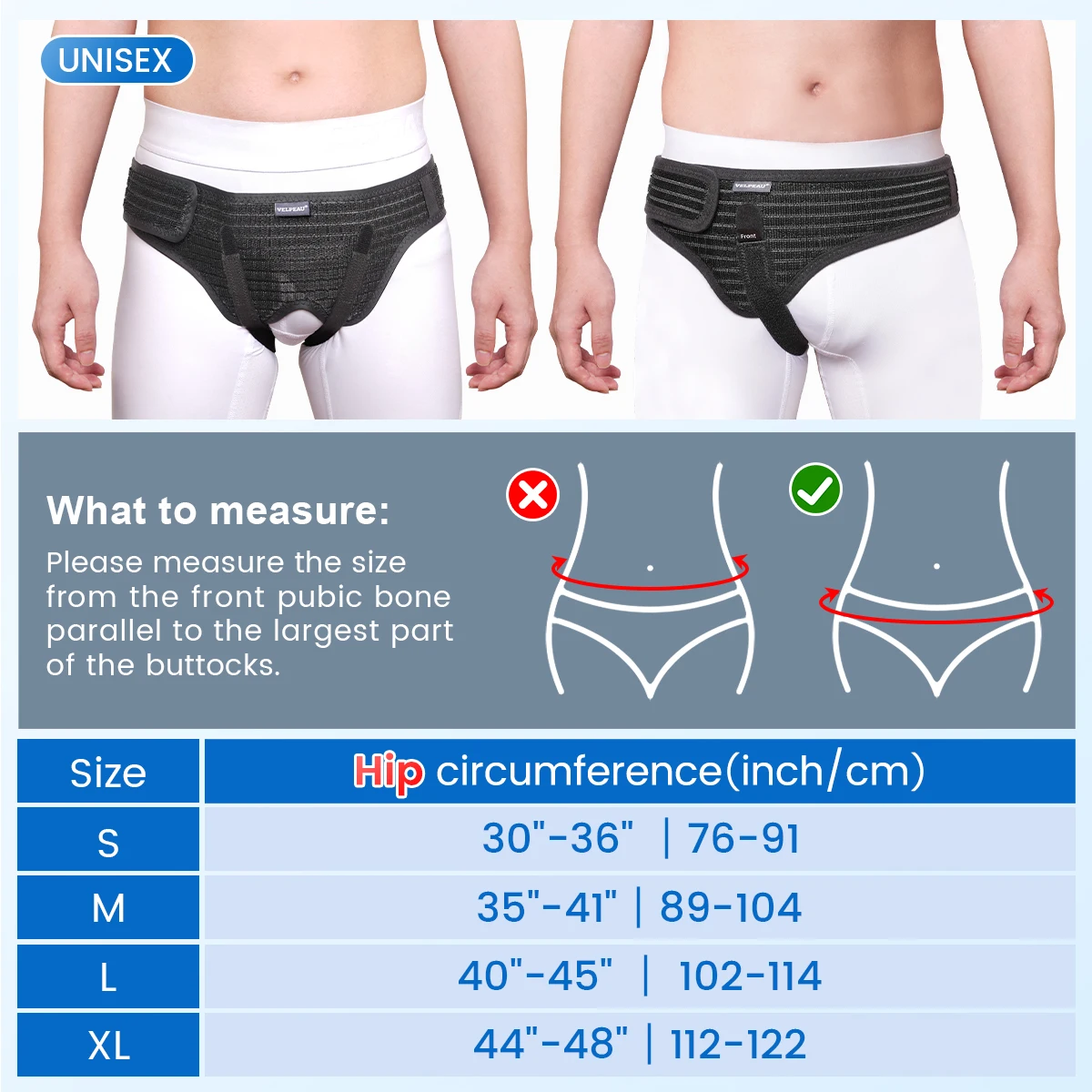 VELPEAU Hernia Belt with 2 Compression Pads, Adjustable Hernia Truss Support for Single/Double Inguinal for Men and Women