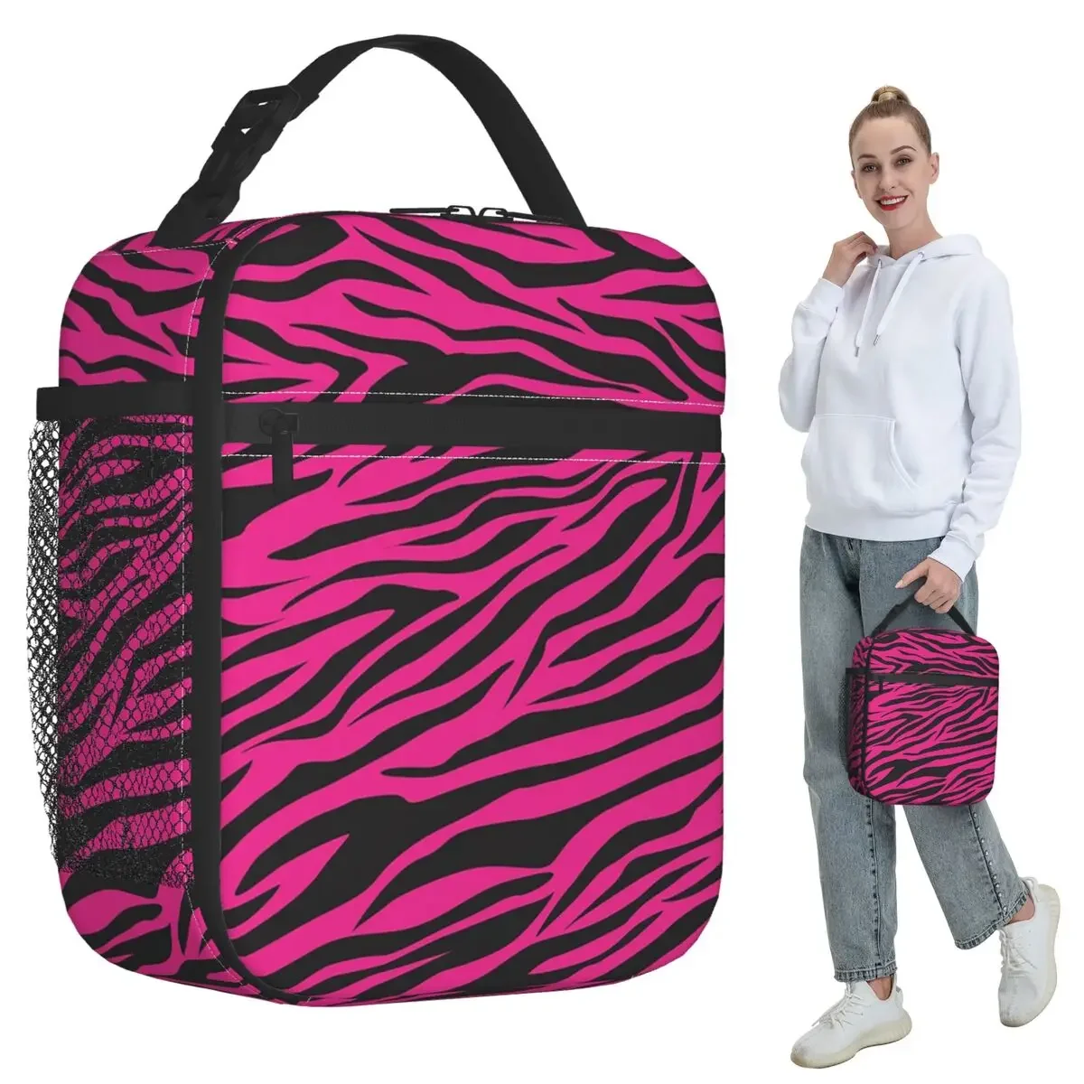 Pink Zebra Print Insulated Lunch Bag for Kids School Cooler Thermal Food Box Tote Portable Lunch Boxes Container