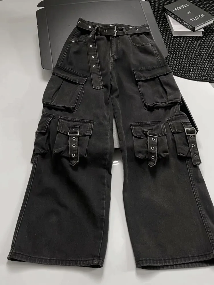 Street Style Workwear Denim Pants Multiple Pockets Washed Wide Leg Design Sensation  Handsome Trendy Casual Jeans