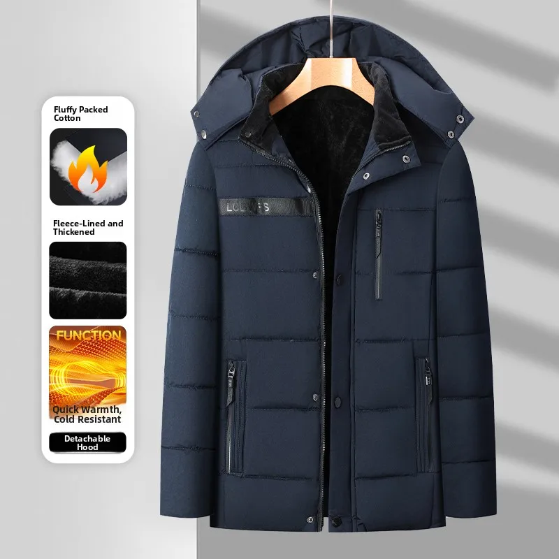 

Men's Casual Cotton Jaet Winter Warmth Thiened Fce Lined Mid-Length Hooded Stand Fit Busin Gentleman Sle Polye...