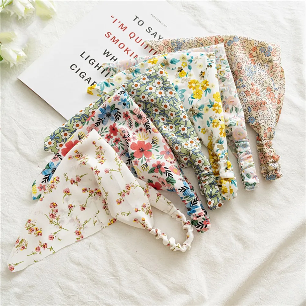 Summer Floral Printting Hair Scarf Scrunchies Vintage Triangle Bandanas Headband Elastic Hair Bands Turban Women Hair Accessory