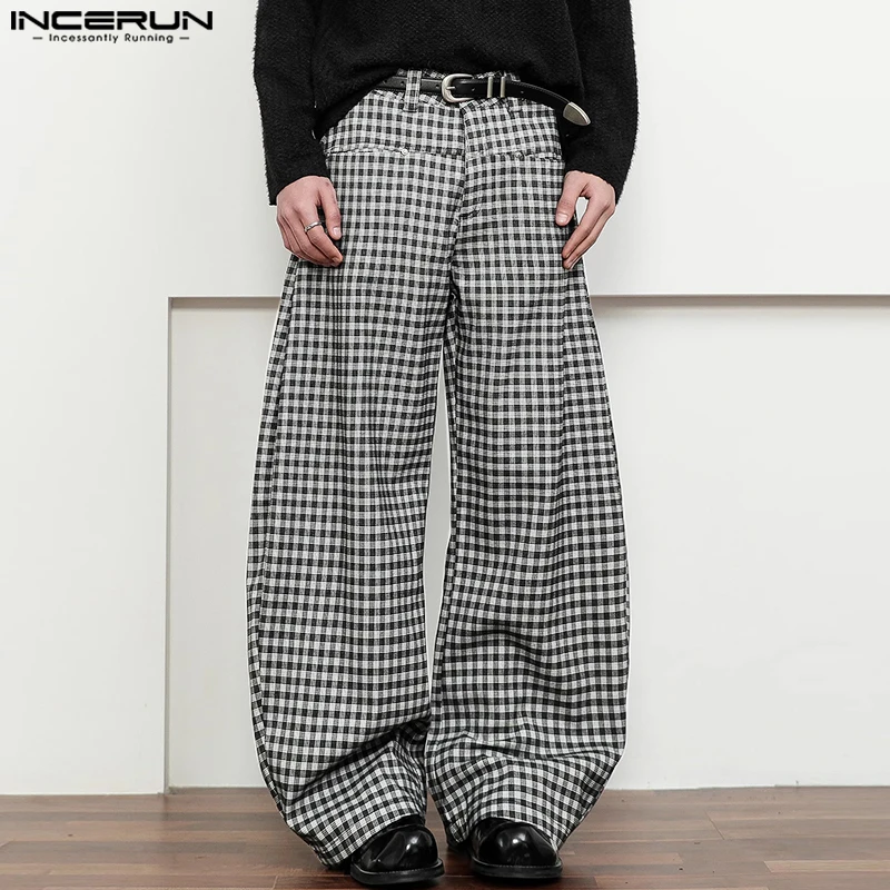 

INCERUN Men Plaid Pants Button Joggers Loose Casual Trousers Men Streetwear 2025 Fashion Leisure Male Wide Leg Long Pants S-5XL