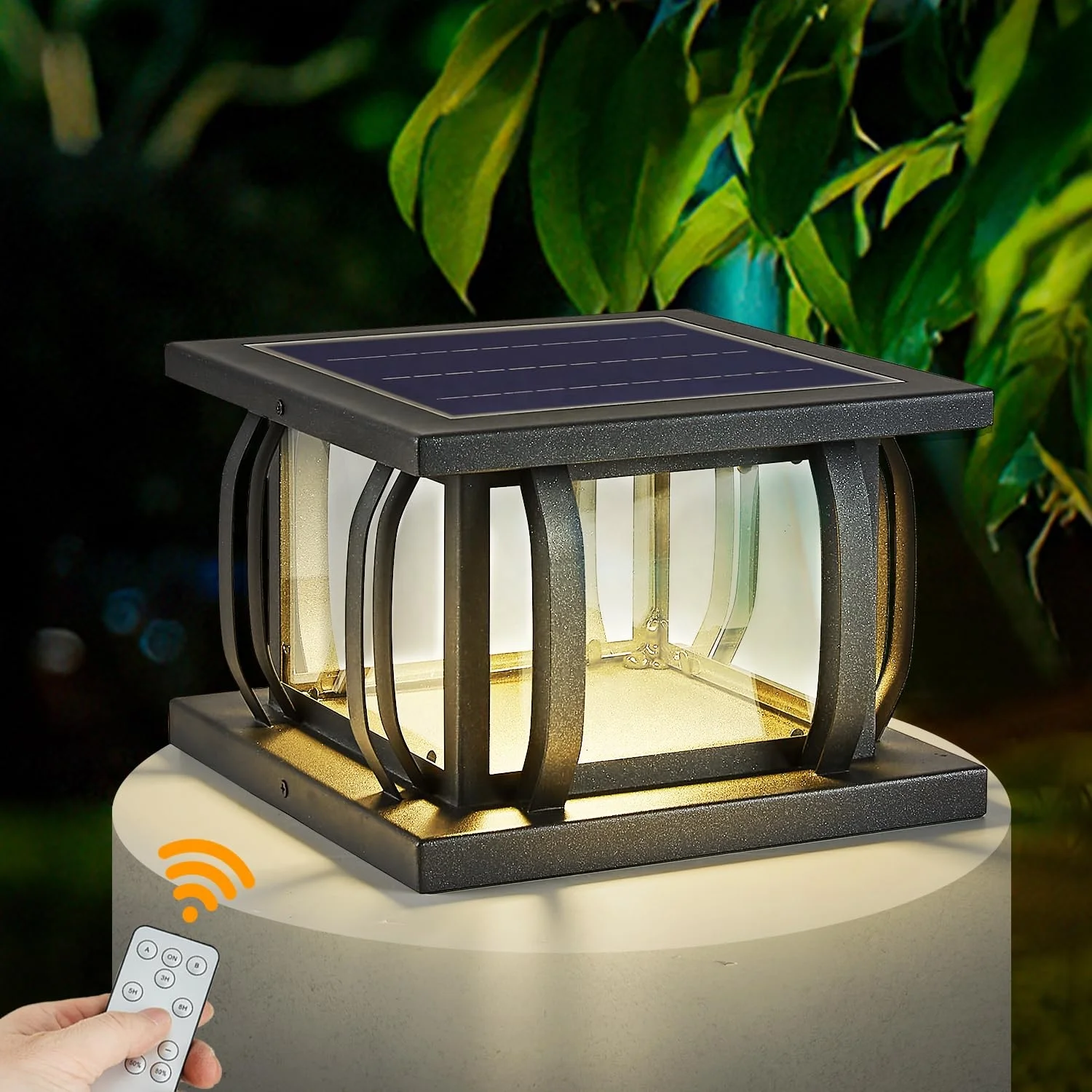 

10W Solar Post Light with Remote Control Dimmable Solar Fence Deck Column Lamp IP65 Waterproof Patio Solar Pillar Light