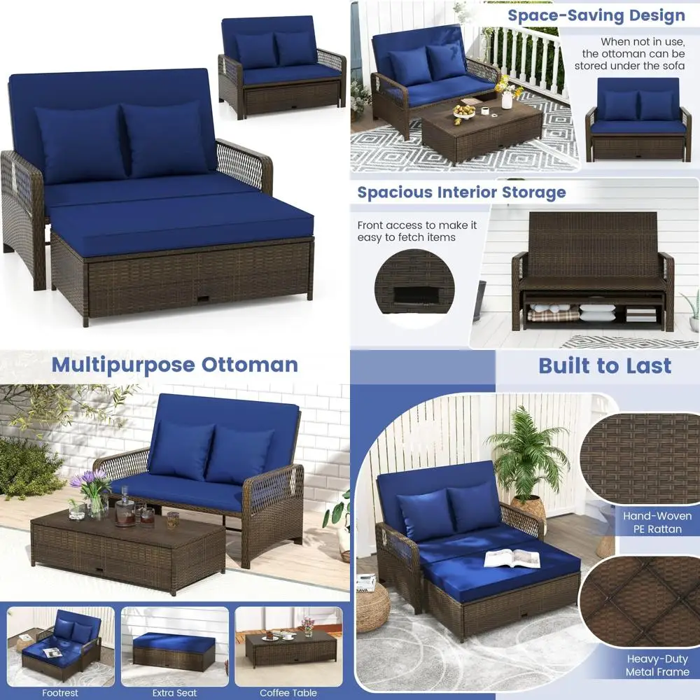 outdoor daybed, wicker loveseat sofa set with storage ottoman, 4-level adjustable backrest, sofa pillows & cushions, ratten doub