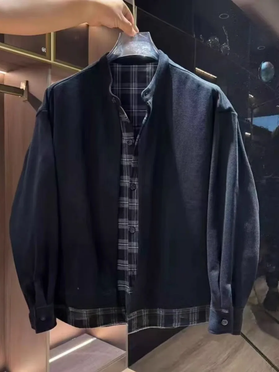 

Spring New Men's Japanese Style Retro Plaid Patchwork Shirt Jacket Small Stand Collar Outerwear Fashionable Handsome Boy Jacket