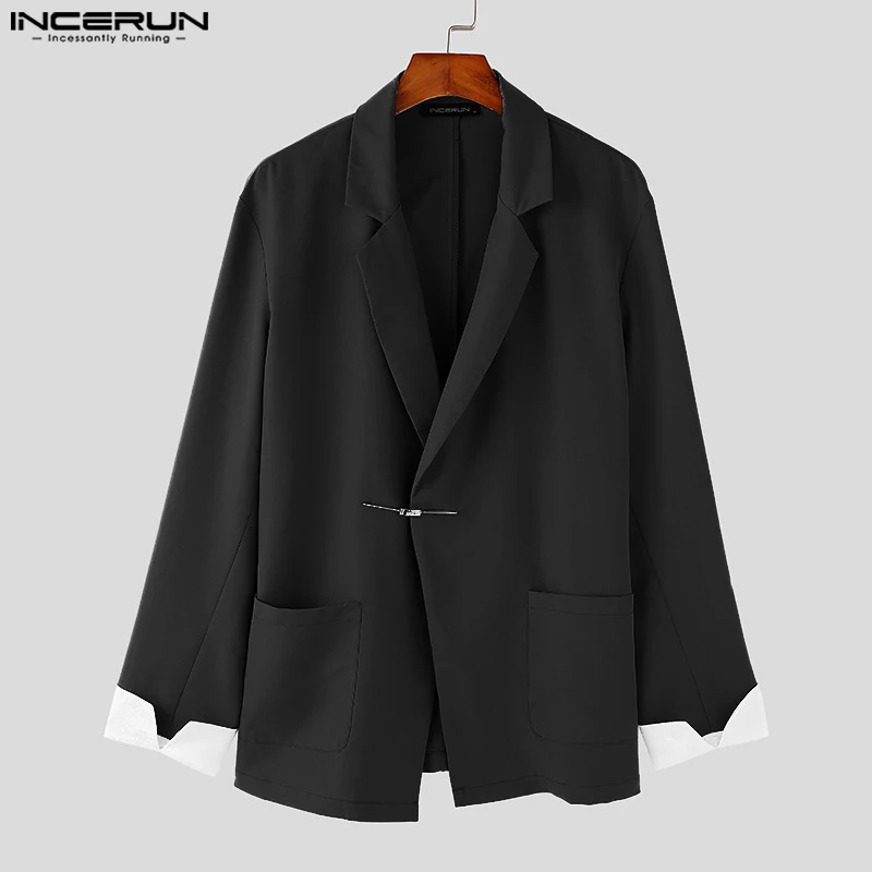 Casual Simple Style Tops INCERUN 2024 Men\'s Personality Patchwork Cuffs Solid Suit Coats Handsome Male Long Sleeved Blazer S-5XL