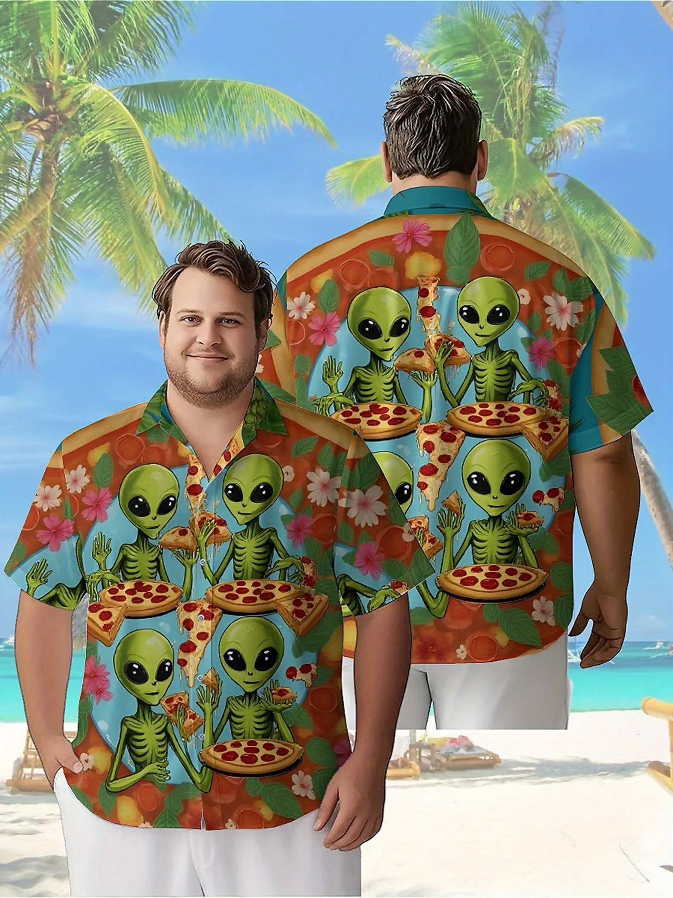 

Men's Plus Size Hawaiian Shirts Alien Pizza Party Pattern,Premium Comfort Youth Clothes,Y2K Tops