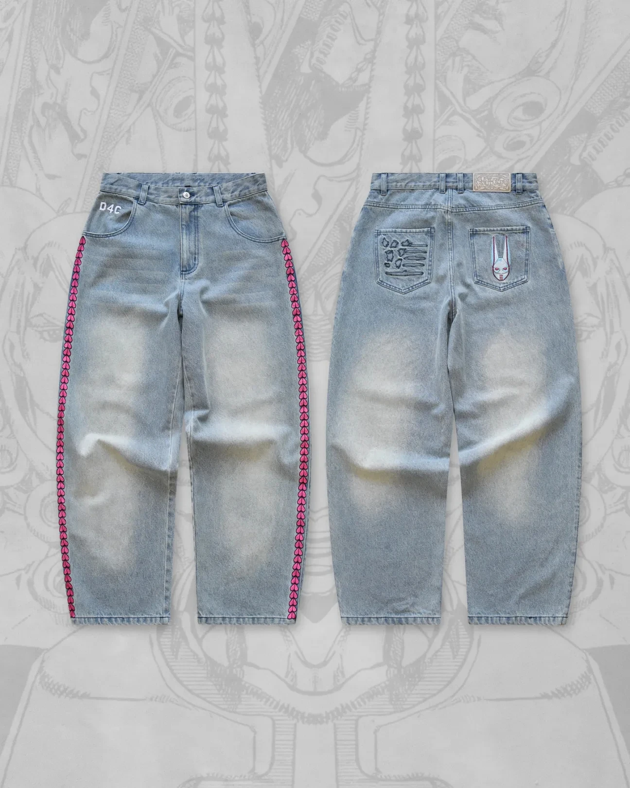 Calças Jeans Baggy de Cintura Alta D4C JoJo Y2K para Homens e Mulheres com Bordado de Coração Rosa na Lateral, Ajuste Solto, Denim Lavado, Streetwear,