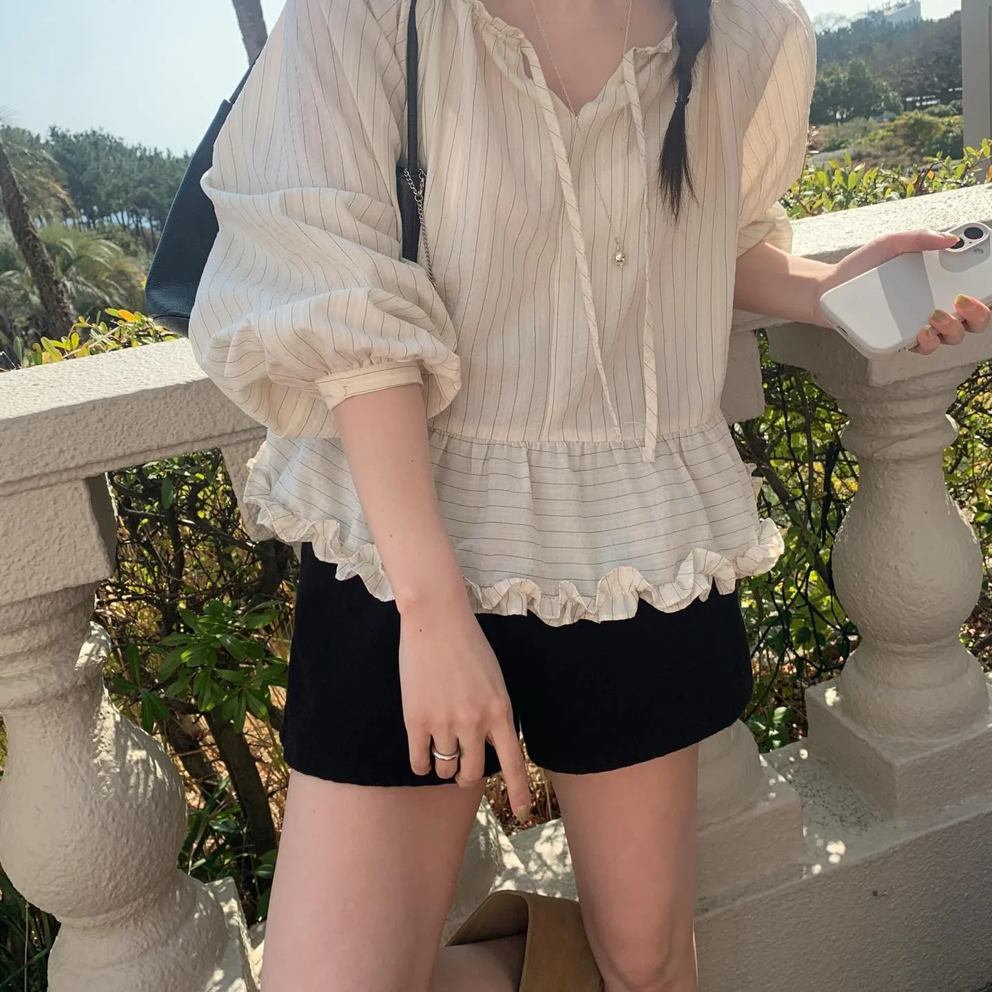 Korean Chic Loose Vertical Striped Shirt Ruffle Collar Loose Slimming Hem Baby Doll Top Long Sleeve Carbon Fiber Polyester
