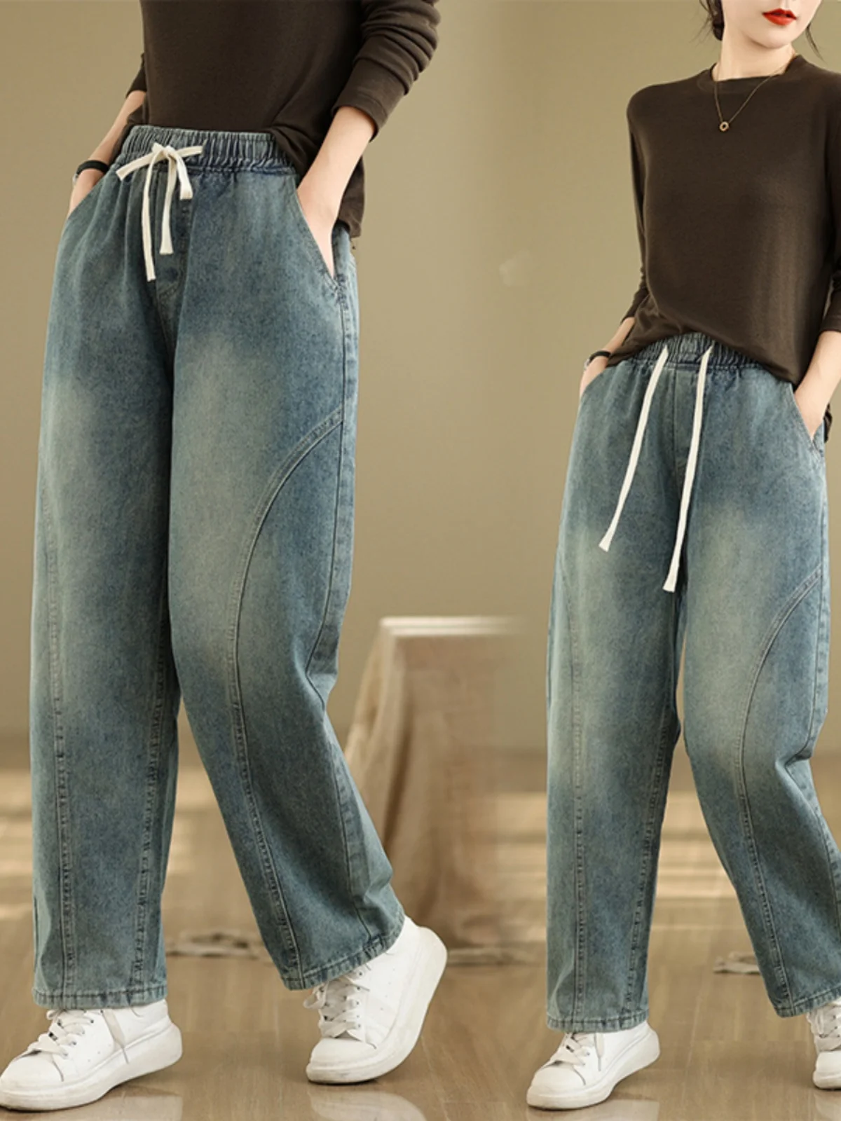 

Женские прямые джинсы, повседневные широкие брюки с эластичной резинкой на талии, весенние утягивающие брюки Faion, универсальные длинные брюки